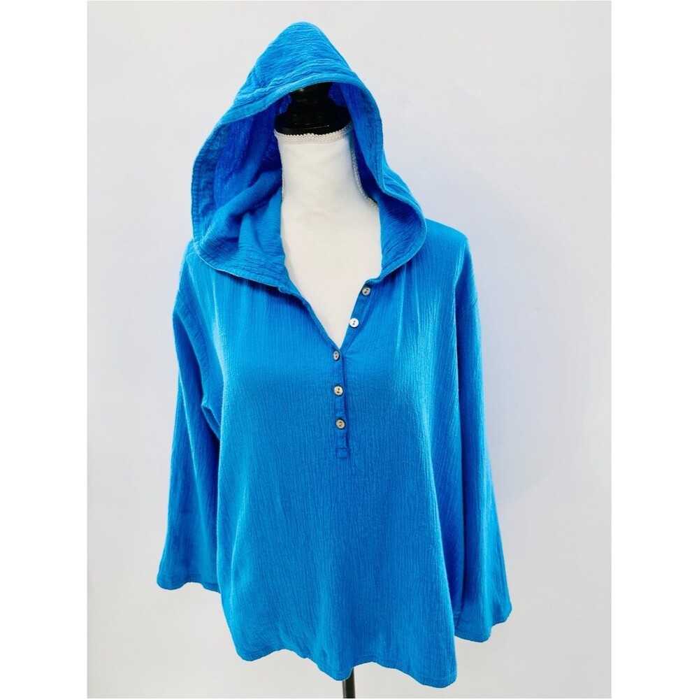 Chico's 2 Electric Blue Hooded Button Henley Top Size 12